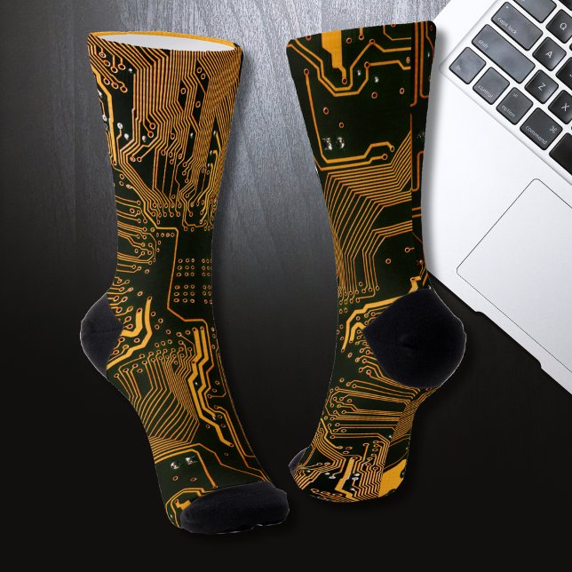 Cyber Orange PCB Circuit Board Trace Pattern Art Socks (Creator Uploaded)