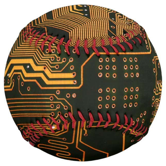 Cyber Orange PCB Circuit Board Trace Pattern Art Softball (Front)