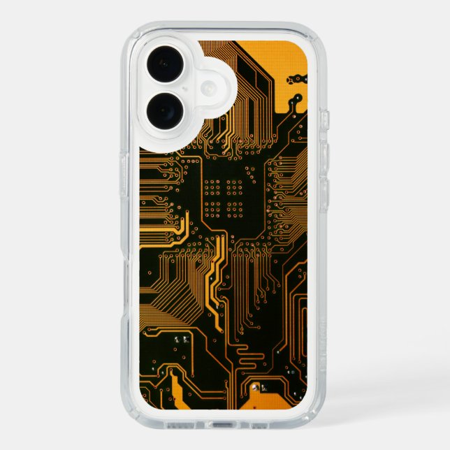 Cyber Orange PCB Circuit Board Trace Pattern Art Speck iPhone Case (Front)
