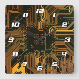 Cyber Orange PCB Circuit Board Trace Pattern Art Square Wall Clock