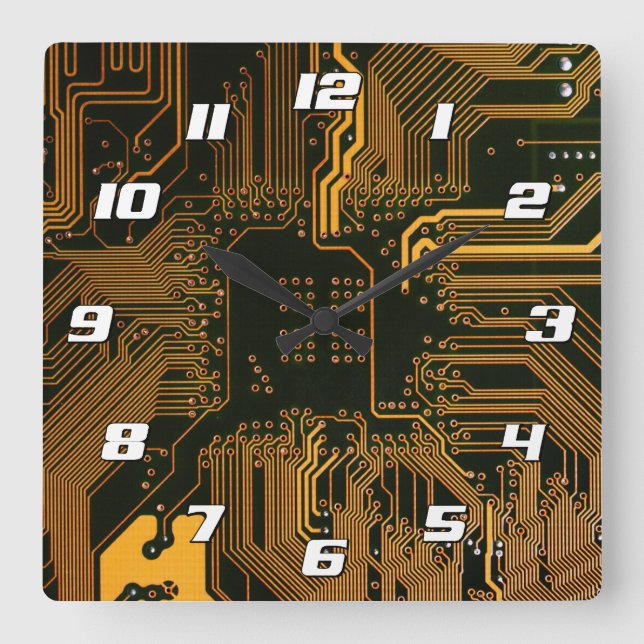 Cyber Orange PCB Circuit Board Trace Pattern Art Square Wall Clock (Front)