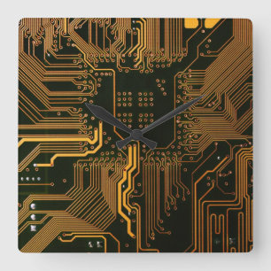 Cyber Orange PCB Circuit Board Trace Pattern Art Square Wall Clock