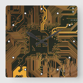Cyber Orange PCB Circuit Board Trace Pattern Art Square Wall Clock