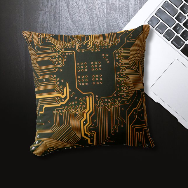 Cyber Orange PCB Circuit Board Trace Pattern Art Throw Pillow (Creator Uploaded)