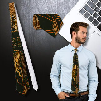 Cyber Orange PCB Circuit Board Trace Pattern Art Tie