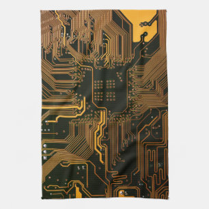 Cyber Orange PCB Circuit Board Trace Pattern Art Towel