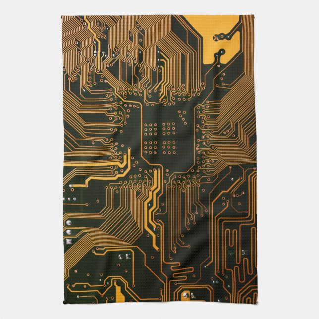 Cyber Orange PCB Circuit Board Trace Pattern Art Towel (Vertical)