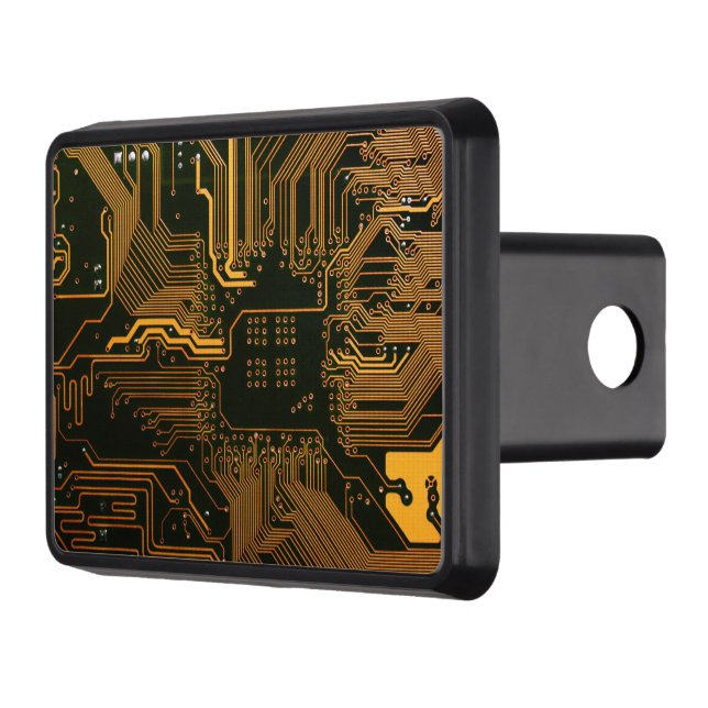 Cyber Orange PCB Circuit Board Trace Pattern Art Trailer Hitch Cover (Left)