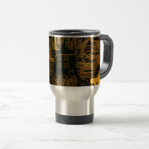 Cyber Orange PCB Circuit Board Trace Pattern Art Travel Mug