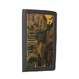 Cyber Orange PCB Circuit Board Trace Pattern Art Tri-fold Wallet