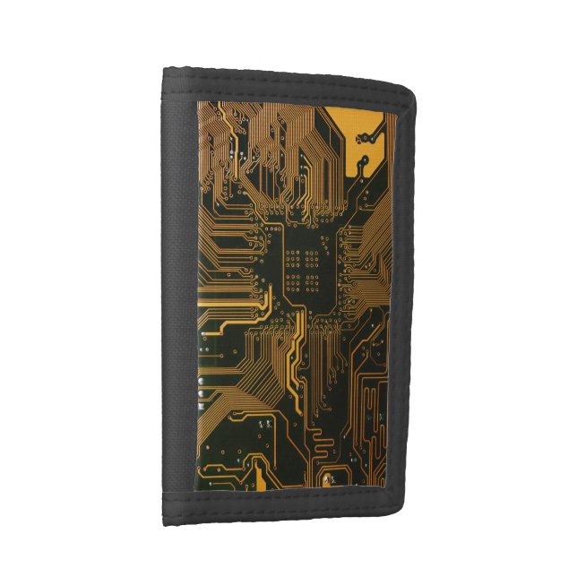 Cyber Orange PCB Circuit Board Trace Pattern Art Trifold Wallet (Side)