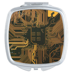 Cyber Orange PCB Circuit Board Trace Pattern Art Vanity Mirror