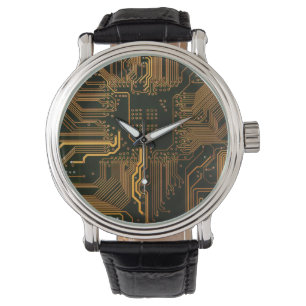 Cyber Orange PCB Circuit Board Trace Pattern Art Watch
