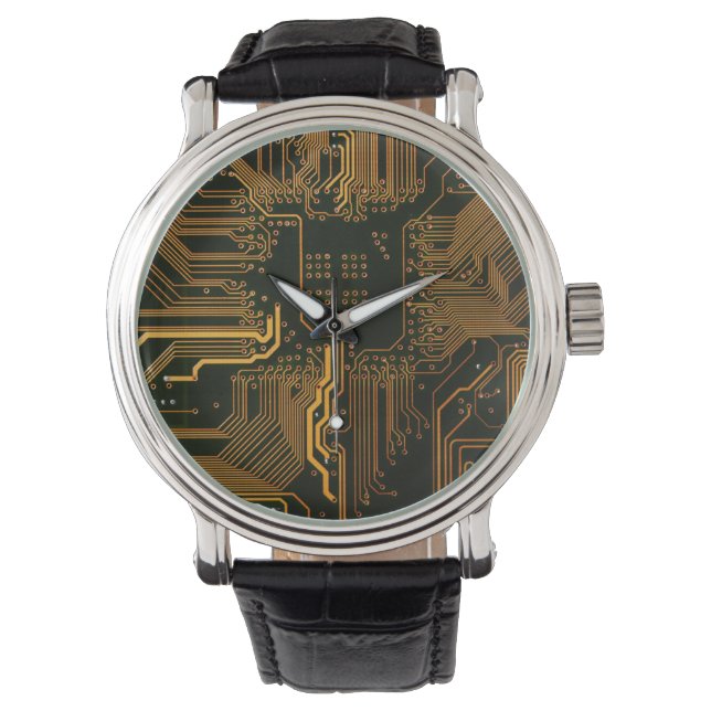 Cyber Orange PCB Circuit Board Trace Pattern Art Watch (Front)