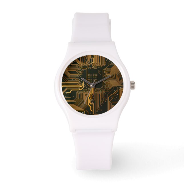 Cyber Orange PCB Circuit Board Trace Pattern Art Watch (Front)