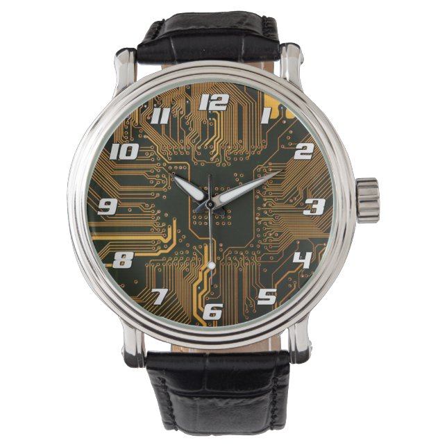 Cyber Orange PCB Circuit Board Trace Pattern Art Watch (Front)