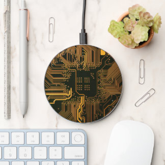 Cyber Orange PCB Circuit Board Trace Pattern Art Wireless Charger