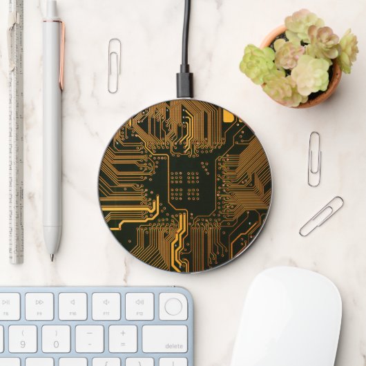 Cyber Orange PCB Circuit Board Trace Pattern Art Wireless Charger (Desk)