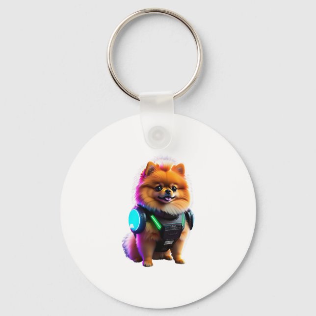 Cyber Pomeranian Explorer of the Future Keychain (Front)