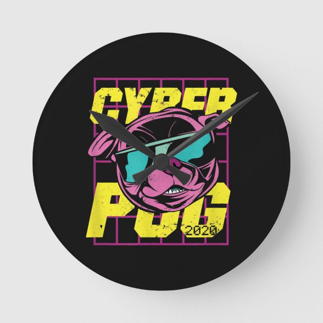 Cyber Pug | Cool Pug Dog Round Clock (Front)