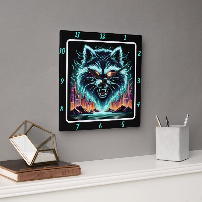 Cyber Raccoon Neon Skyline  Square Wall Clock (Office)