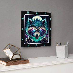 Cyber Raccoon Urban Neon Square Wall Clock