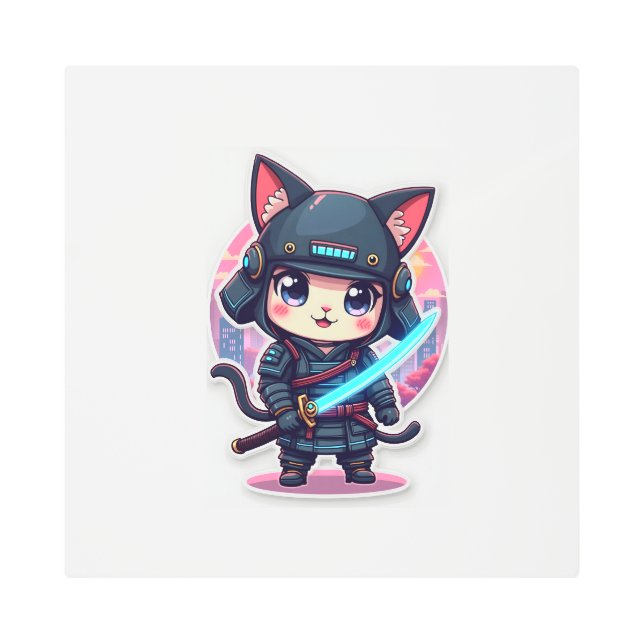 Cyber Samurai Cat – Kawaii Chibi Wall Art  (Front)