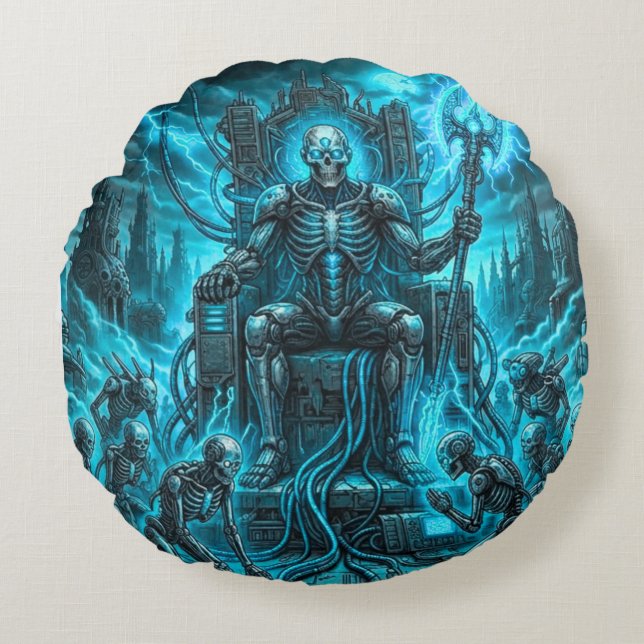 Cyber Skeleton King & Grim Reaper Electric Blue  Round Pillow (Front)