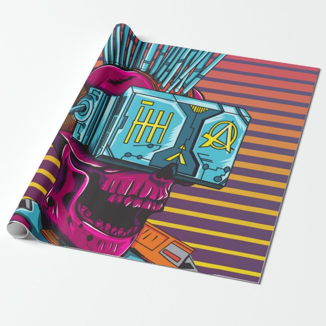 Cyber Skull Virtual Reality Cyberpunk floppy disc  Wrapping Paper (Unrolled)