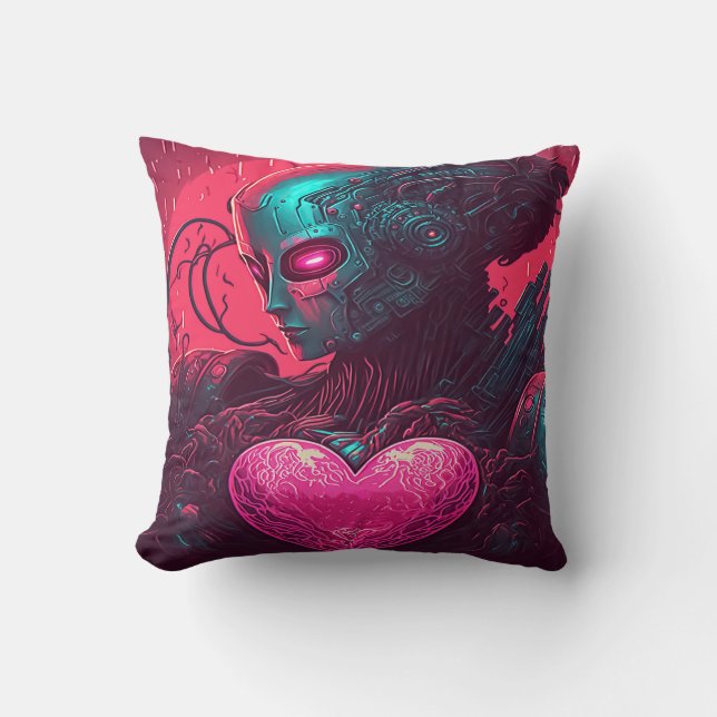 "Cyber Valentine" Design of Cybernetic Woman Throw Pillow (Front)