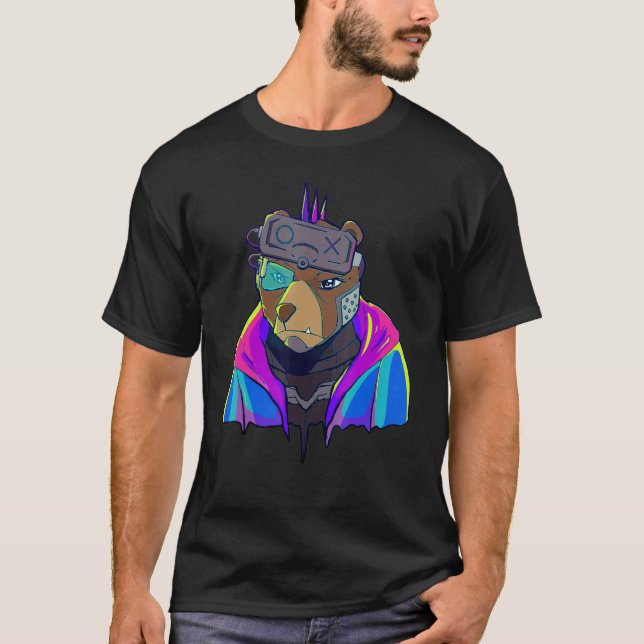 Cyber Vaporwave Aesthetic Futuristic Bear Robot T-Shirt (Front)