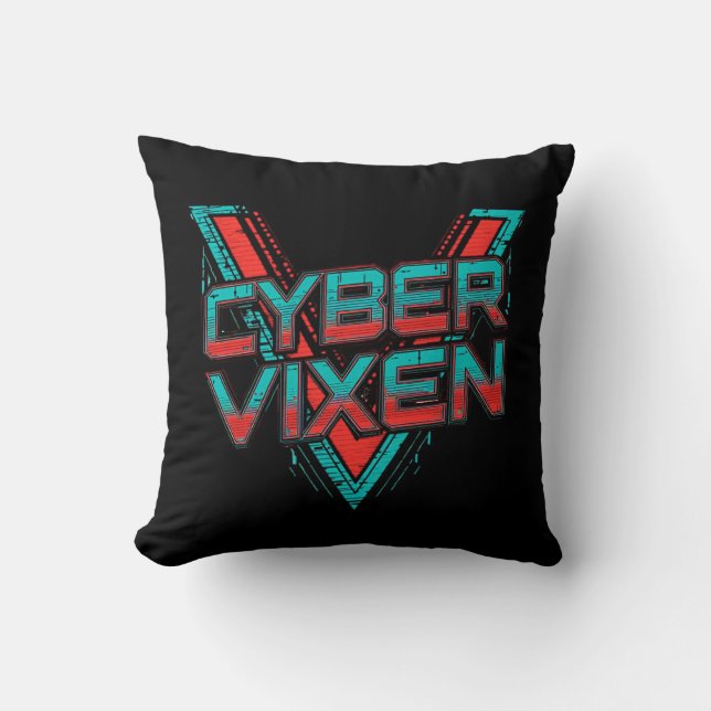 Cyber Vixen - Gamer Girl - Red Teal Gaming Graphic Throw Pillow (Front)