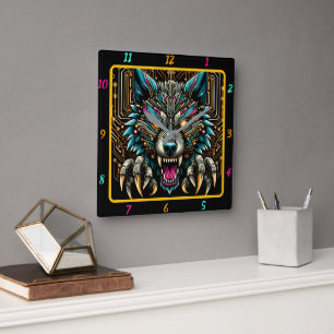 Cyber Wolf Electric Neon Color Art Square Wall Clock