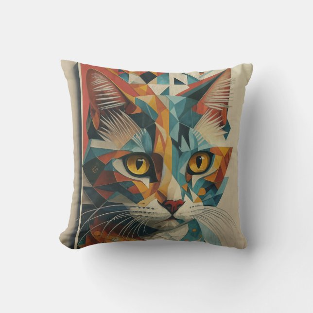 CYBERNETIC KITTY CAT ABSTRACT GEOMETRIC CUBISM  THROW PILLOW (Front)