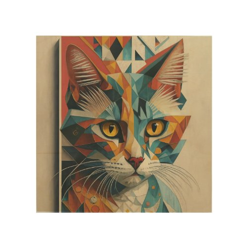 CYBERNETIC KITTY CAT ABSTRACT GEOMETRIC CUBISM  WOOD WALL ART