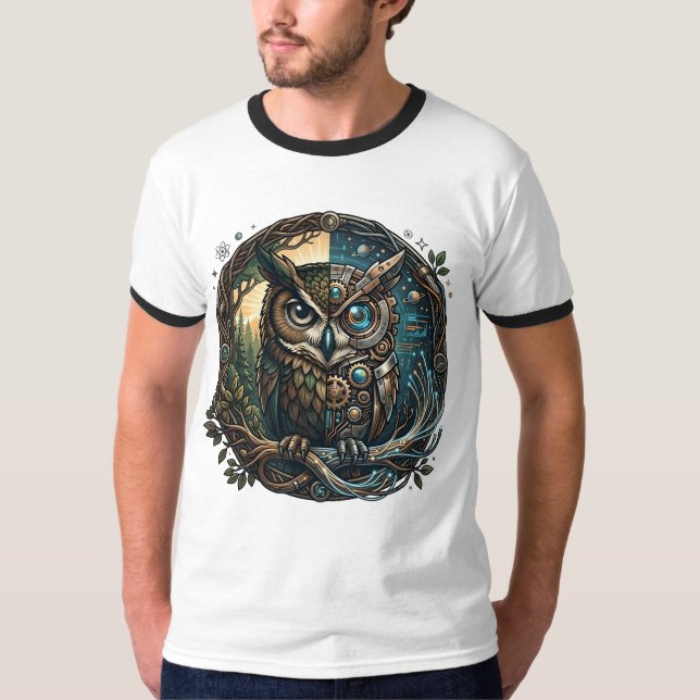 Cybernetic Owl Nature vs Technology Steampunk T-Shirt (Front)
