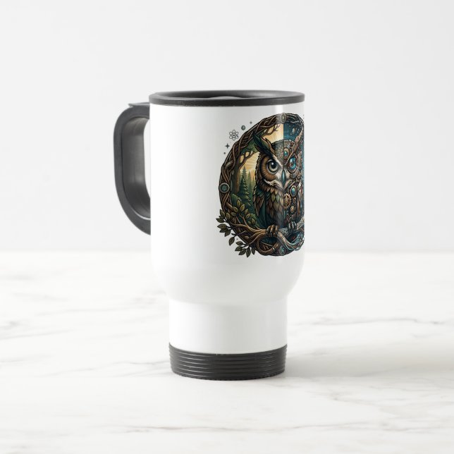Cybernetic Owl Nature vs Technology Steampunk Travel Mug (Front Left)