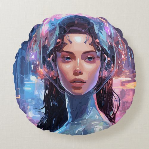 Cybernetic Portraits of Tomorrow Round Pillow