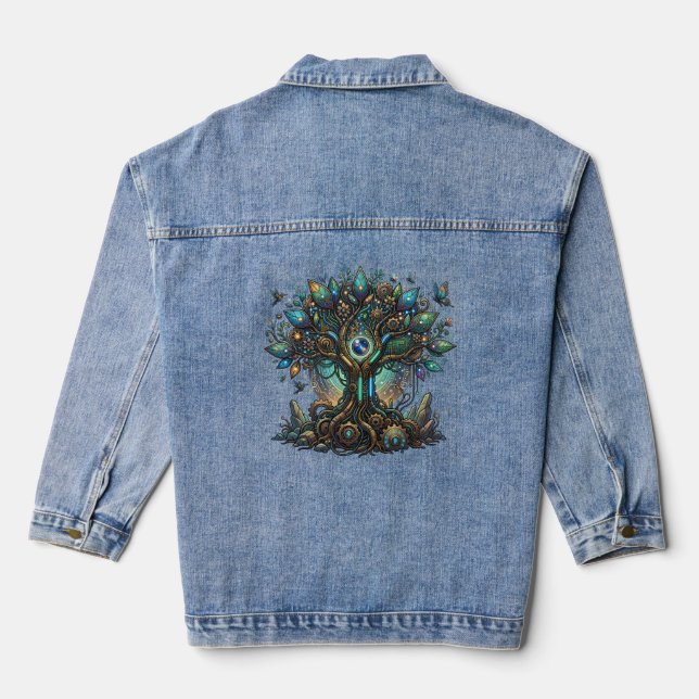 Cybernetic Tree of Life Cosmic Steampunk Denim Jacket (Back)
