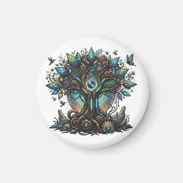 Cybernetic Tree of Life Cosmic Steampunk Magnet (Front)
