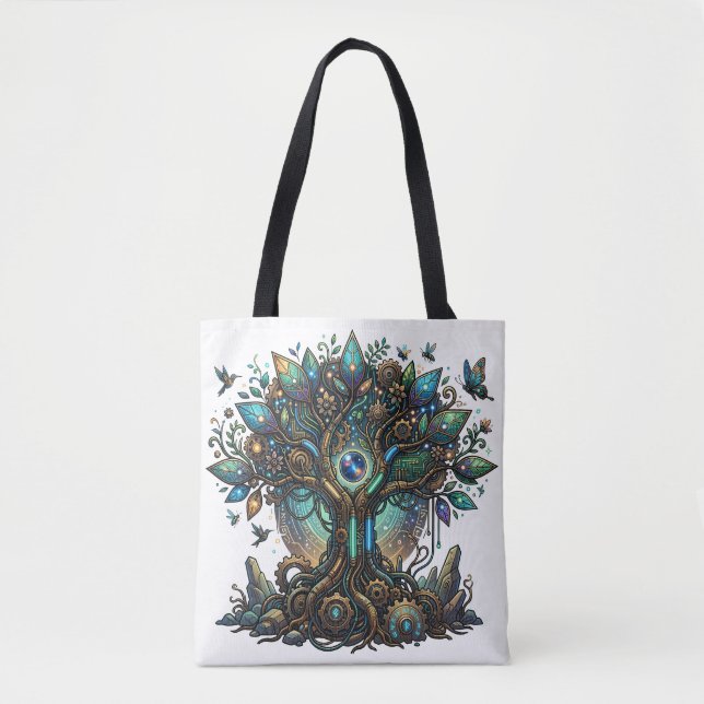 Cybernetic Tree of Life Cosmic Steampunk Tote Bag (Front)