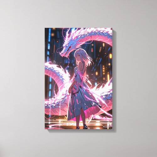 Cyberpunk Anime Girl Neon Dragon Fantasy Art Canvas Print