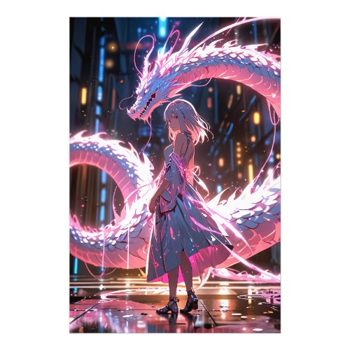 Cyberpunk Anime Girl Neon Dragon Fantasy Art Photo Print