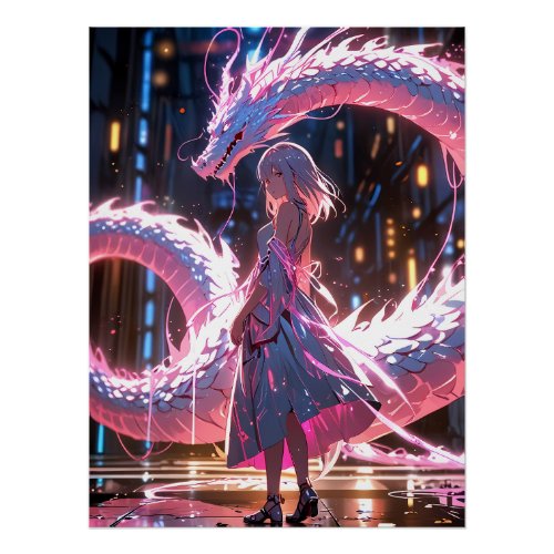 Cyberpunk Anime Girl Neon Dragon Fantasy Art Poster
