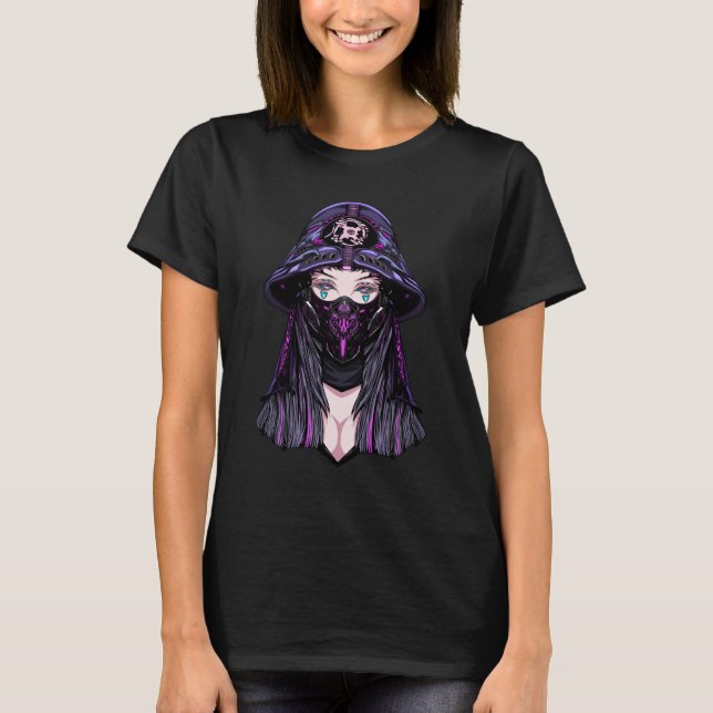 Cyberpunk Anime Girl Neon Vector Art T-Shirt (Front)