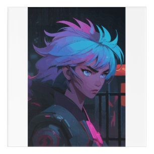 Cyberpunk Anime Girl with Neon Hair – Futuristic Acrylic Print