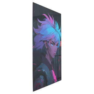 Cyberpunk Anime Girl with Neon Hair – Futuristic Metal Print