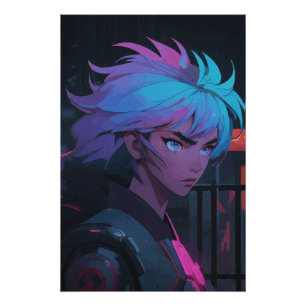 Cyberpunk Anime Girl with Neon Hair – Futuristic Poster