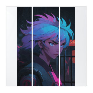 Cyberpunk Anime Girl with Neon Hair – Futuristic Triptych