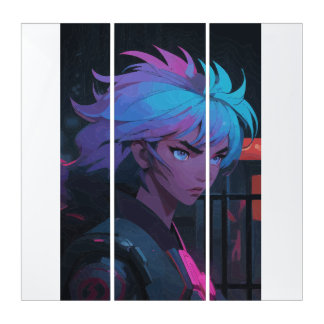 Cyberpunk Anime Girl with Neon Hair – Futuristic  Triptych